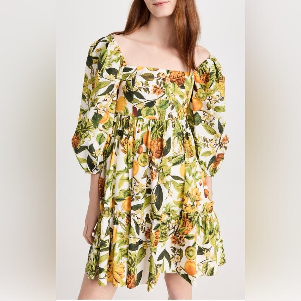 Cara Cara Sip Sip Fruit Print Puff Sleeve Mini Dress Cotton Babydoll Sz XS